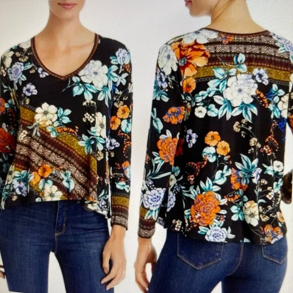 JOHNNY WAS Golden Spring Floral Print Long Sleeve Tee: NWOT! MEDIUM; P2P is 21" - Picture 2 of 10